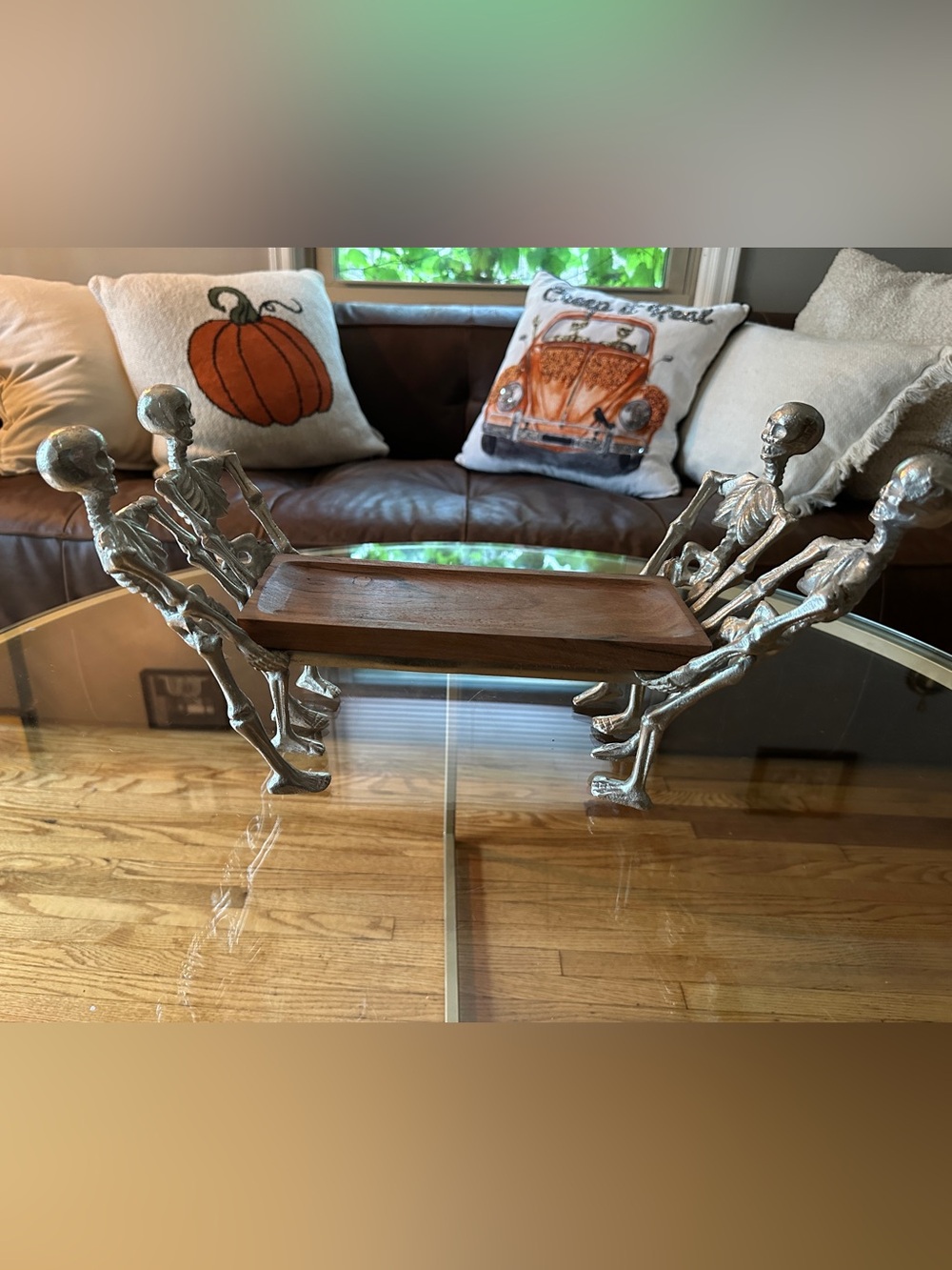 Wood Tray with Silver Skeletons